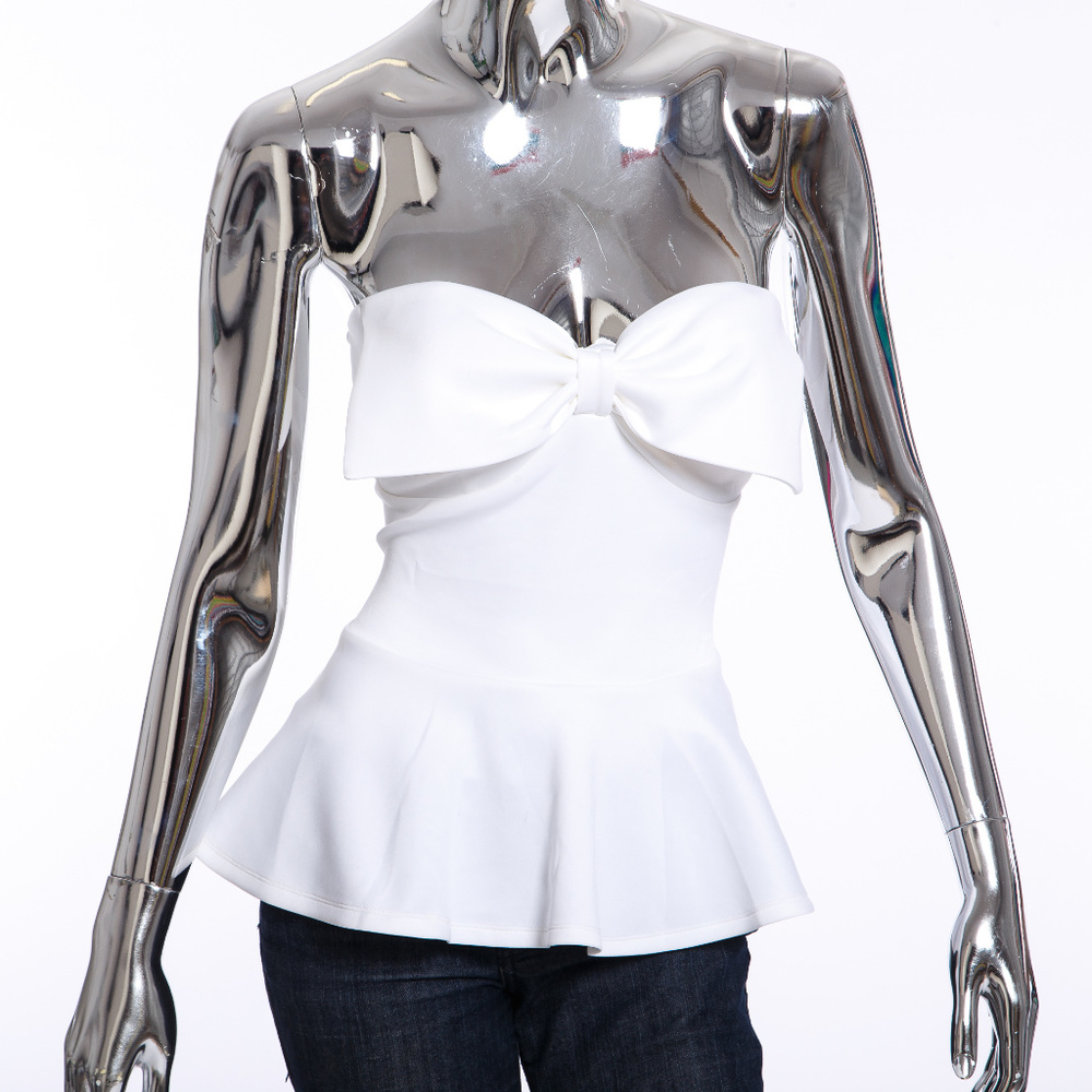 white strapless bow peplum top
